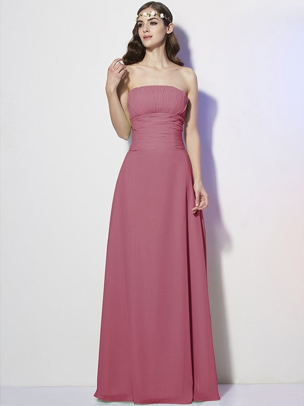 Charming Strapless Sleeveless Pleats Long Chiffon Bridesmaid Dresses-Ballbella