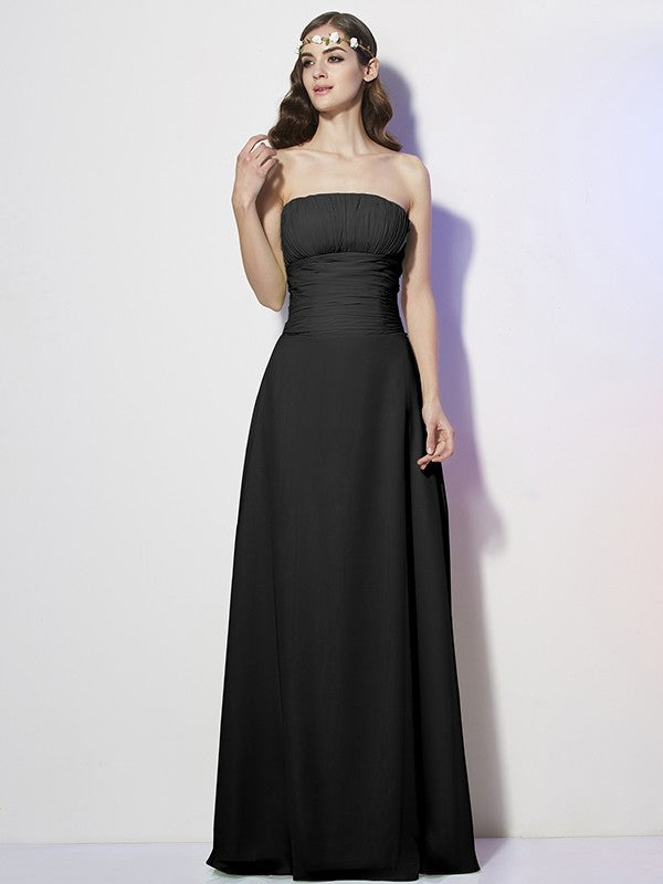 Charming Strapless Sleeveless Pleats Long Chiffon Bridesmaid Dresses-Ballbella