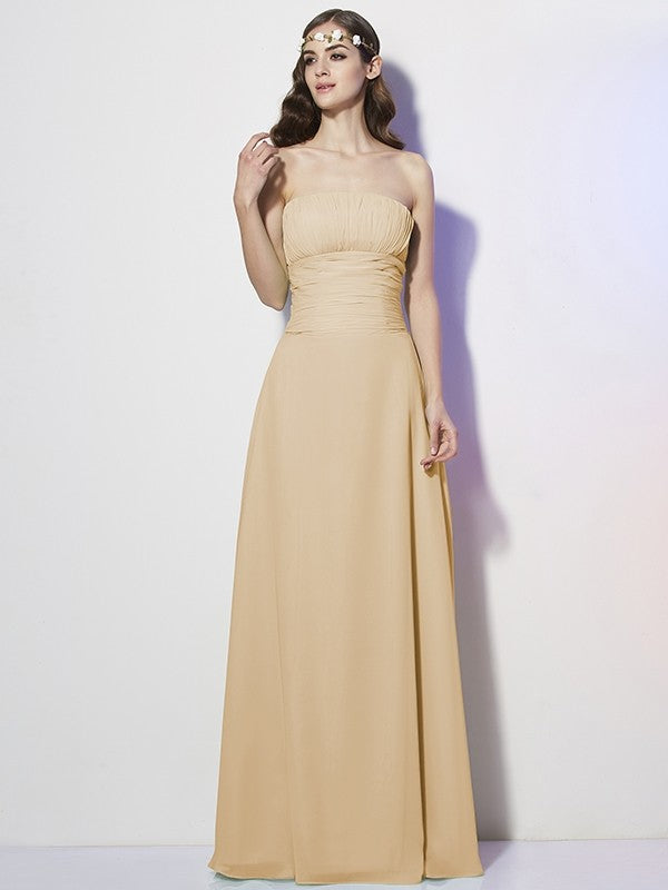 Charming Strapless Sleeveless Pleats Long Chiffon Bridesmaid Dresses-Ballbella