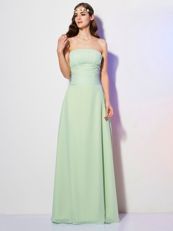 Charming Strapless Sleeveless Pleats Long Chiffon Bridesmaid Dresses-Ballbella