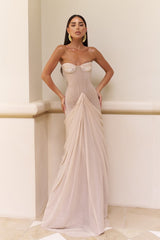 Charming Strapless Sleeveless Prom Dresses Floor Length Sheath Pleats With Lace-Ballbella