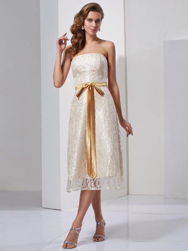 Charming Strapless Sleeveless Sash/Ribbon/Belt Short Satin Bridesmaid Dresses