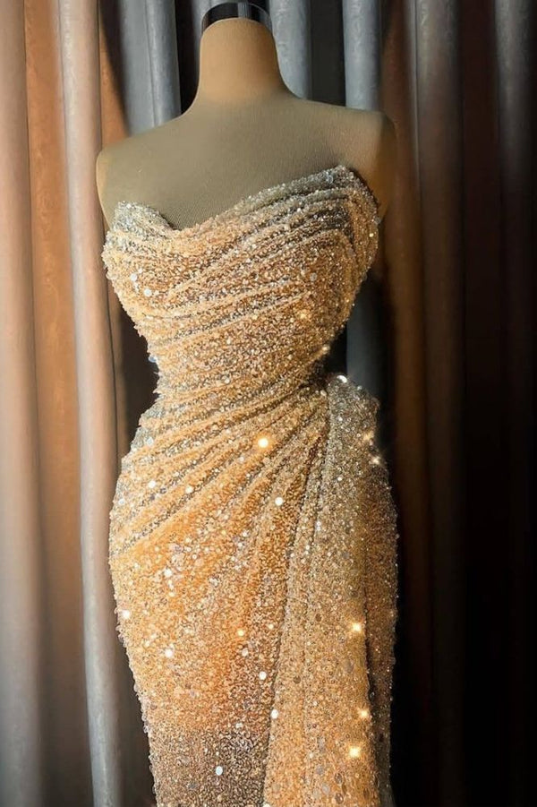 Looking for Prom Dresses, Evening Dresses, Real Model Series in Sequined,  Mermaid style,  and Gorgeous work? Ballbella has all covered on this elegant Charming Strapless V-neck Crystal Sequins Draped Mermaid Prom Dresses.