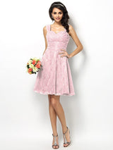 A-Line Charming Straps Lace Sleeveless Short Bridesmaid Dresses