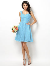 A-Line Charming Straps Lace Sleeveless Short Bridesmaid Dresses