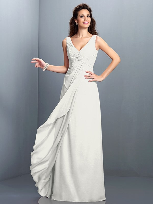 A-Line Charming Straps Pleats Sleeveless Long Chiffon Bridesmaid Dresses