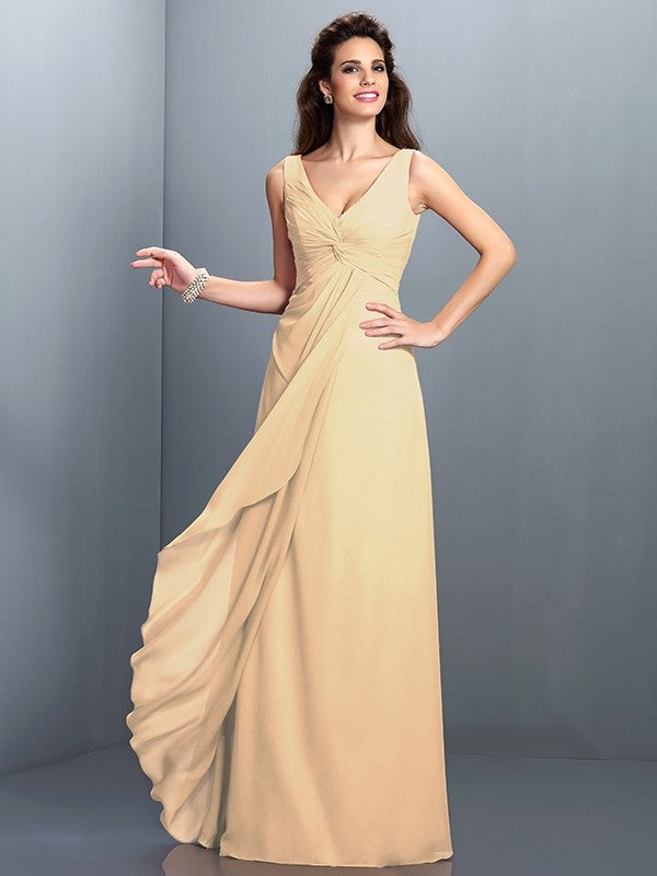 A-Line Charming Straps Pleats Sleeveless Long Chiffon Bridesmaid Dresses