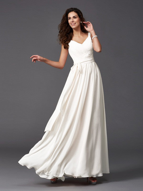 A-Line Charming Straps Sash/Ribbon/Belt Sleeveless Long Chiffon Bridesmaid Dresses