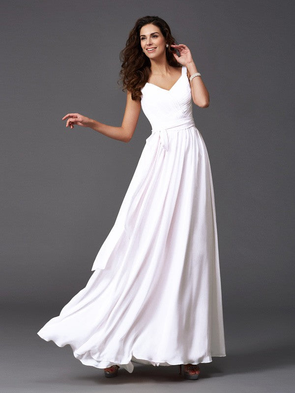 A-Line Charming Straps Sash/Ribbon/Belt Sleeveless Long Chiffon Bridesmaid Dresses