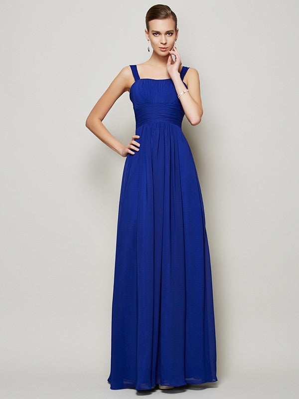 Charming Straps Sleeveless Pleats Long Chiffon Bridesmaid Dresses-Ballbella