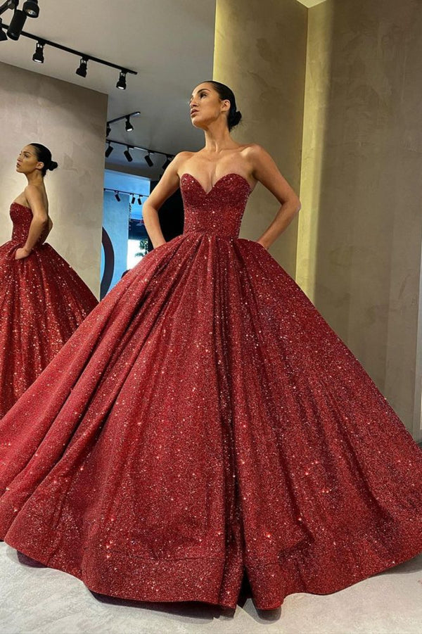 Looking for Prom Dresses in Sequined,  A-line style,  and Gorgeous work? Ballbella has all covered on this elegant Charming Sweetheart Aline Prom Party GownsBurgundy Glitter Evening Gown.