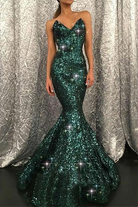 Looking for Prom Dresses in Sequined,  Mermaid style,  and Gorgeous dark green color? Ballbella has all covered on this elegant Charming Sweetheart Dark Green Sequins Mermaid Prom Evening Gown.