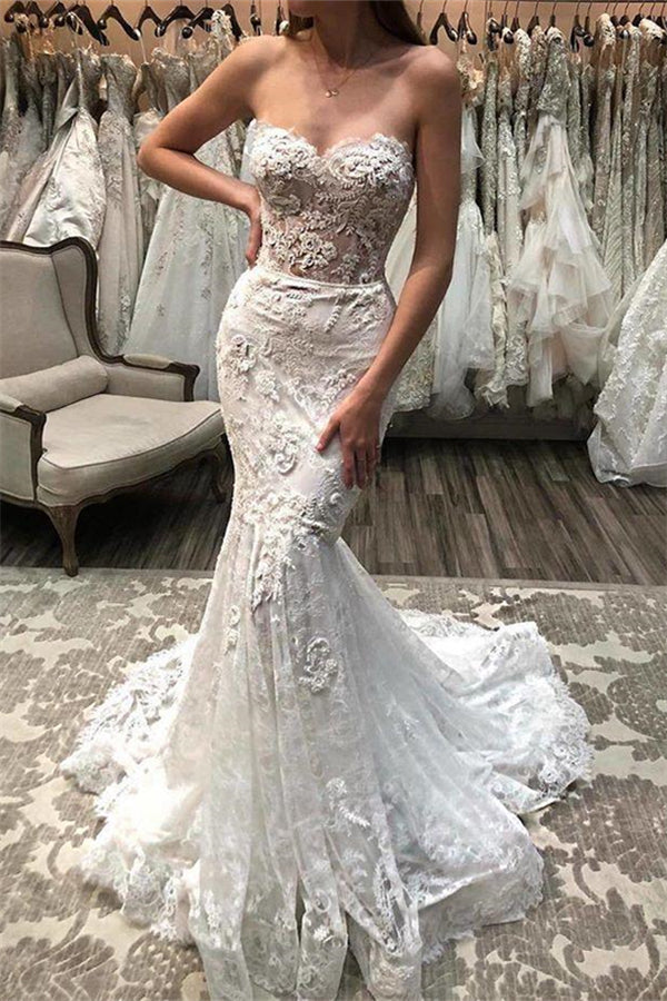 Charming Sweetheart Lace Applique Mermaid Wedding Dress New Arrival Bridal Gowns-Ballbella