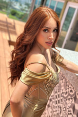 Charming Sweetheart Spaghetti-Straps Off-The-Shoulder Satin Prom Dresses High Split Gem With Lace-Up Back-Ballbella
