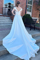 Charming V-Neck A-line Satin Wedding Dresses Sleeveless Long With Buttons Pleats-Ballbella