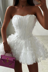 Charming White A-Line Strapless Mini Homecoming Dress Sleeveless Tulle On Sale-Ballbella