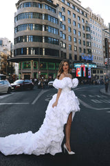 Charming White Hi-Lo Off-The-Shoulder Satin Prom Dresses Pearl Sheath On Sale-Ballbella