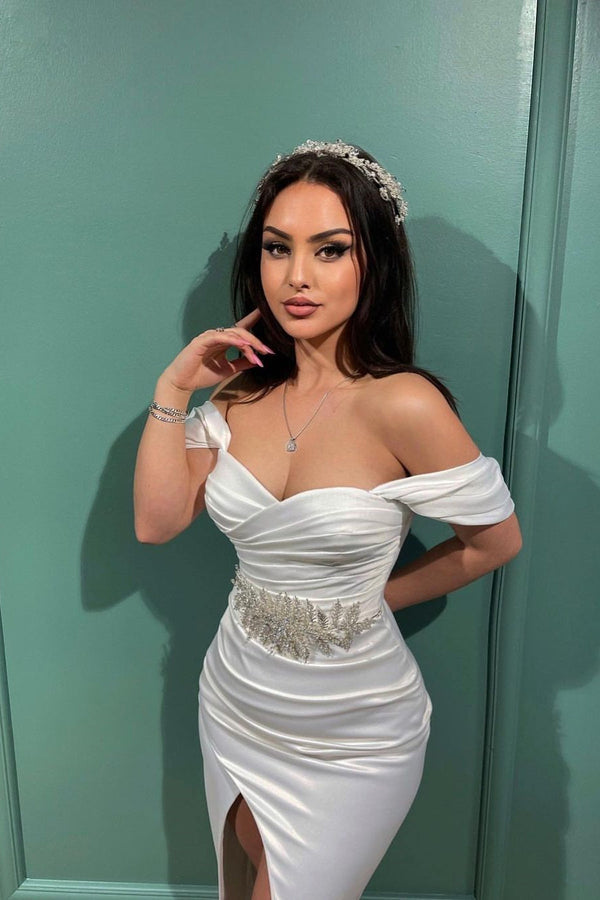 Charming White Mermaid Off-the-shoulder Sleeveless Evening Prom Dresses With Slit-Ballbella