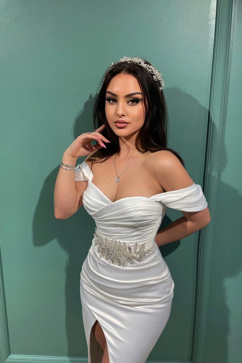 Charming White Mermaid Off-the-shoulder Sleeveless Evening Prom Dresses With Slit-Ballbella