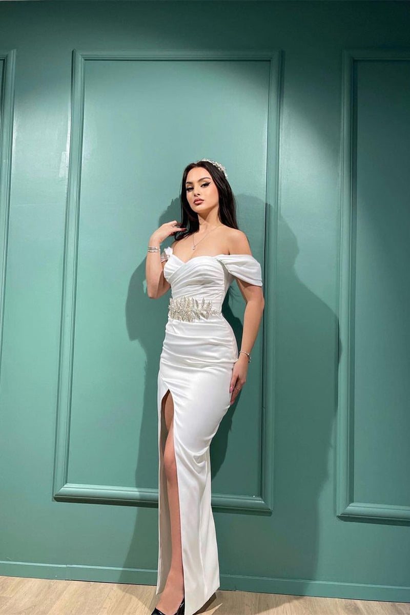 Charming White Mermaid Off-the-shoulder Sleeveless Evening Prom Dresses With Slit-Ballbella