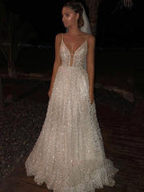 Ballbella offers Charming White Spaghetti-Strap A-Line Sequins Wedding Dress Shining Long Prom Gowns On Sale at an affordable price from  to A-line  skirts. Shop for gorgeous Sleeveless  collections for wedding events.
