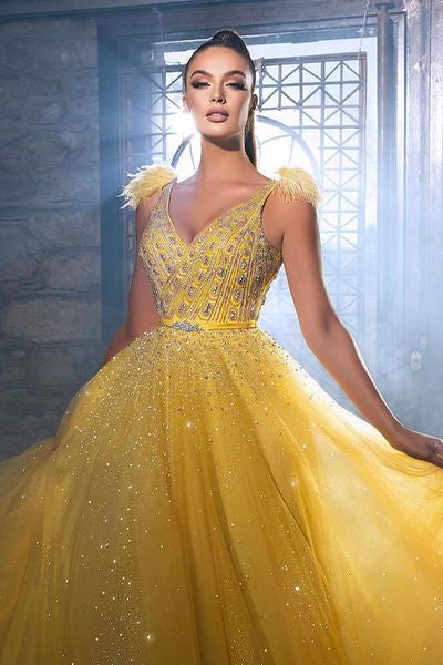 Charming Yellow Sequins Sleeveless Long A-line Prom Dress With Beads-Ballbella