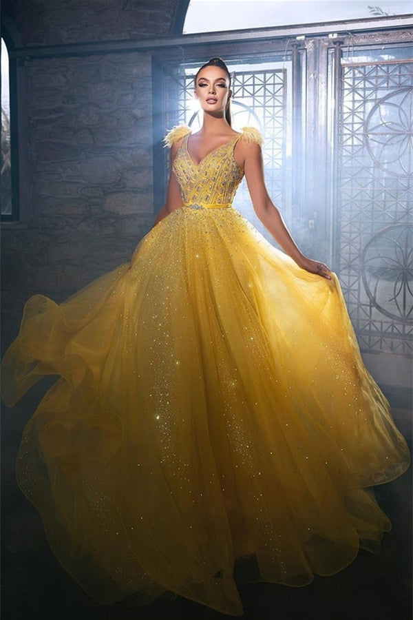 Charming Yellow Sequins Sleeveless Long A-line Prom Dress With Beads-Ballbella