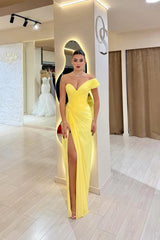 Charming Yellow V-Neck One Shoulder A-Line Prom Dress High Split With Pleats-Ballbella