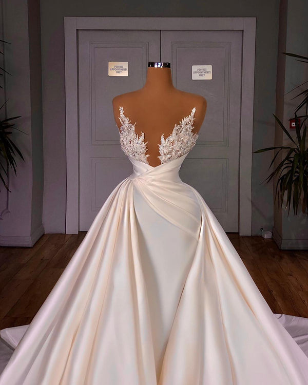 Chic A-Line Cathedral Sleeveless V-Neck Long Wedding Dress-Ballbella