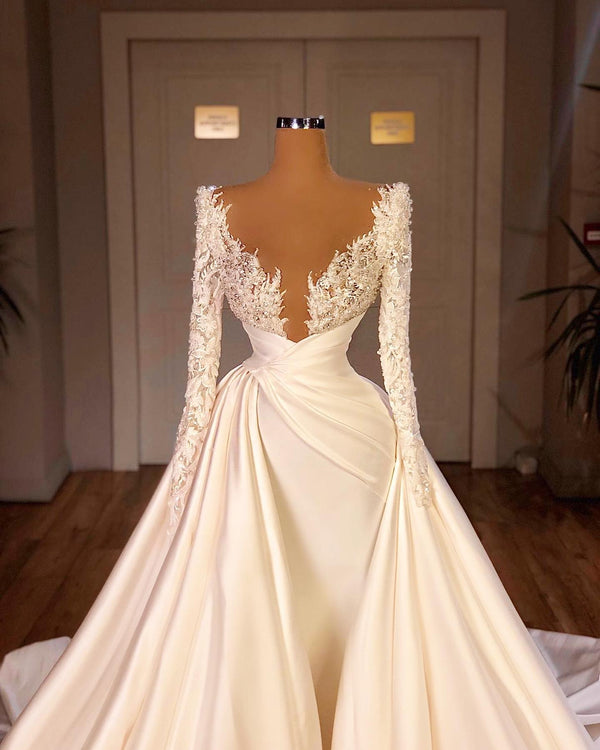 Chic A-Line Cathedral V-Neck Long Wedding Dress With Long Sleeves-Ballbella