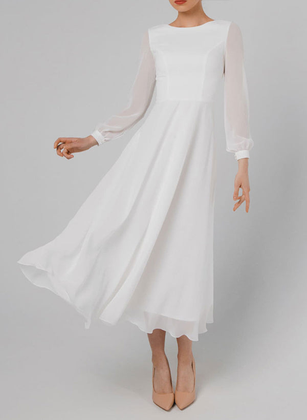 Chic A-Line Scoop Neck Long Sleeves Chiffon Ankle-Length Wedding Dress Ruffle