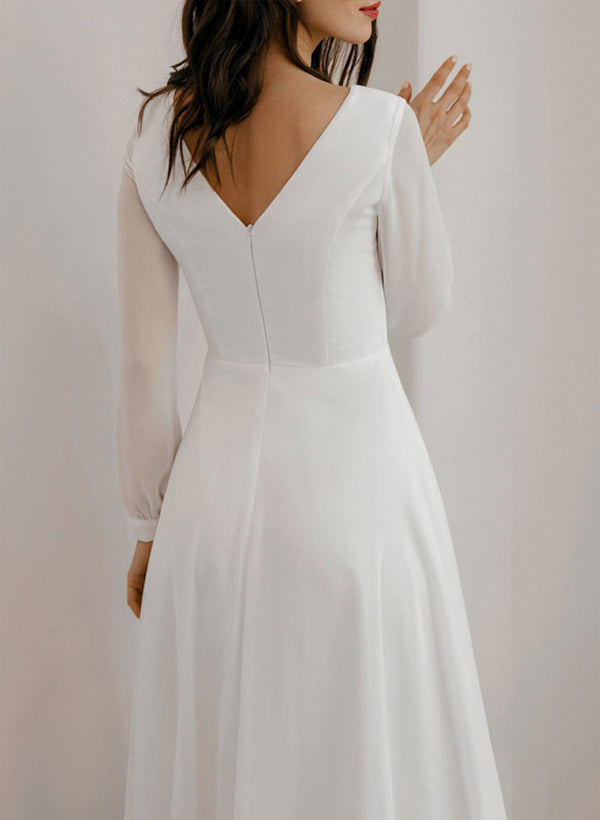 Chic A-line Scoop Neck Long Sleeves Chiffon Ankle-Length Wedding Dress Ruffle-Ballbella