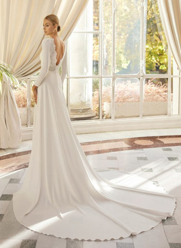 Chic A-line Scoop Neck Long Sleeves Court Train Elastic Satin Wedding Dresses Lace-Ballbella