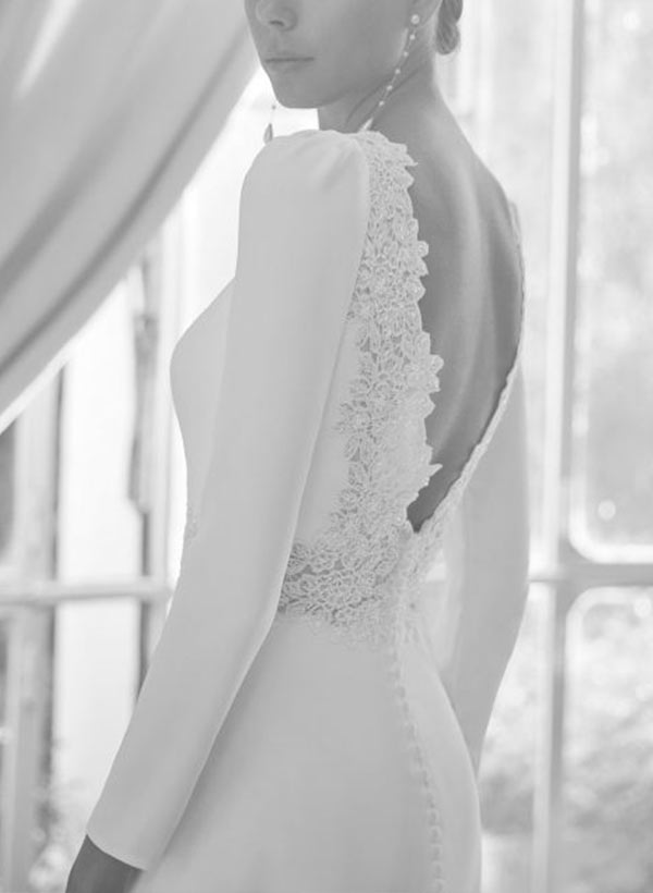 Chic A-line Scoop Neck Long Sleeves Court Train Elastic Satin Wedding Dresses Lace-Ballbella