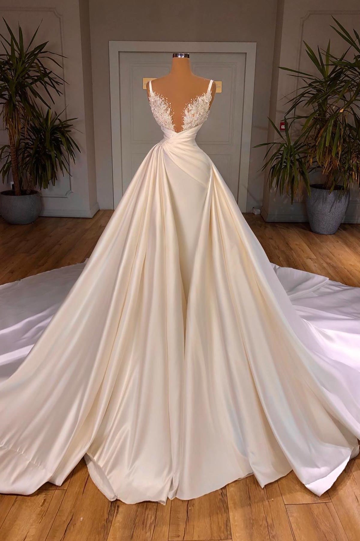 Taupe Straps V-Neck Long Wedding Guest Dress