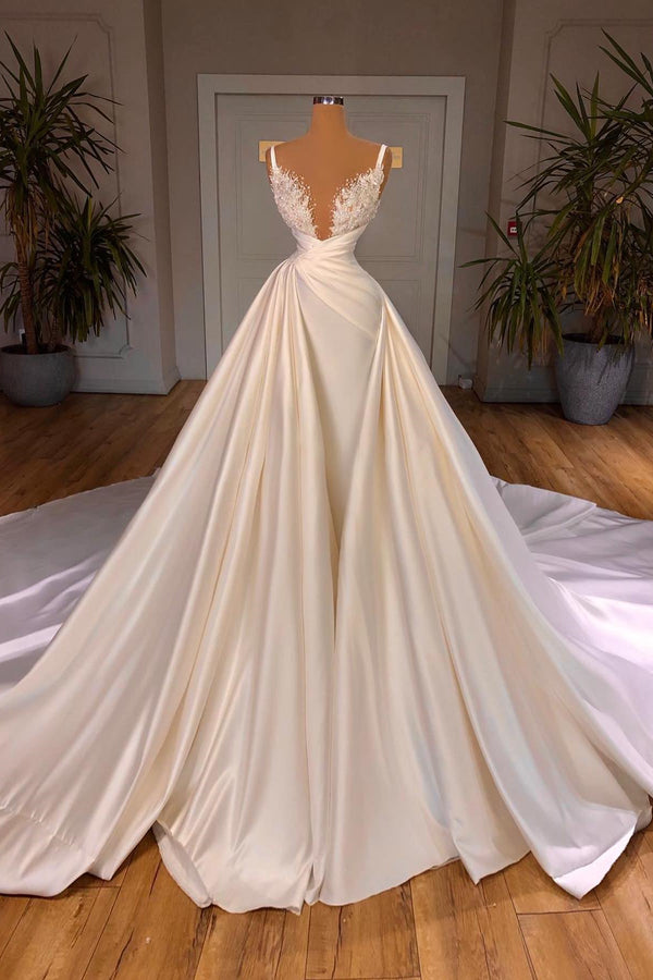 Chic A-Line Sleeveless Spaghetti Strap Cathedral V-Neck Long Wedding Dress-Ballbella