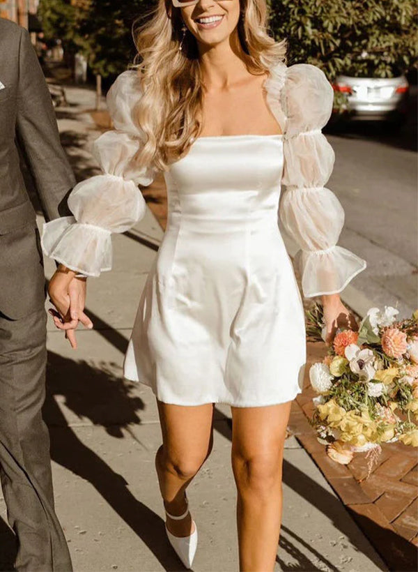 Chic A-line Square Neckline Little White Satin Tulle Wedding Dresses Long Sleeves-Ballbella