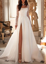 Chic A-line Square Neckline Long Sleeves Chiffon Wedding Dresses High Split-Ballbella