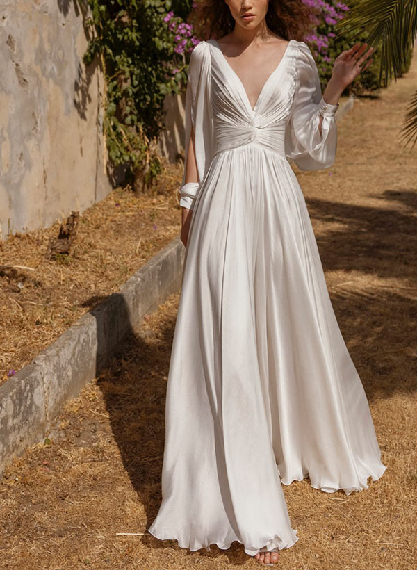 Chic A-line V-Neck Long Sleeves Floor-Length Wedding Dress in Silk Like Satin-Ballbella