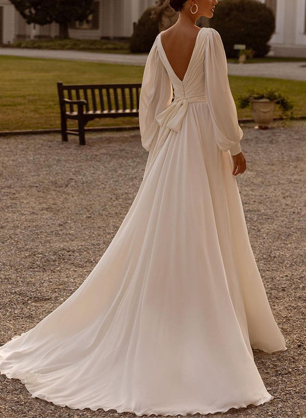 Chic A-line V-Neck Long Sleeves Sweep Train Chiffon Wedding Dresses Sash