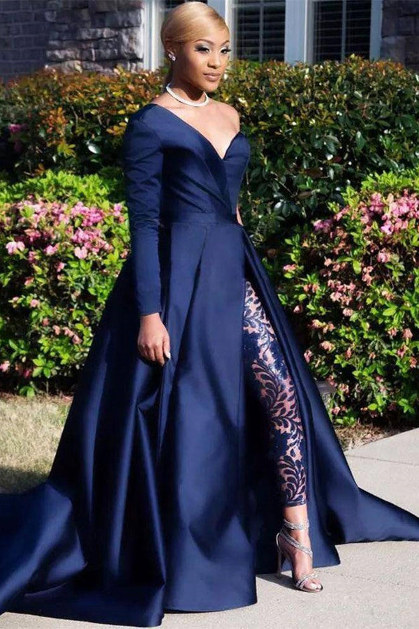 Chic Asymmetric One Shoulder Satin Floor Length Party Dress With Lace Trousers-Ballbella
