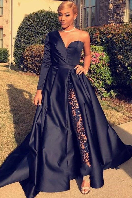 Chic Asymmetric One Shoulder Satin Floor Length Party Dress With Lace Trousers-Ballbella
