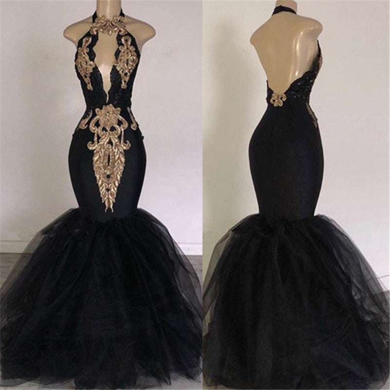 Ballbella offers Chic Backless Prom Dresses Cheap with Gold Appliques at low prices. Shop Mermaid Halter Evening Gowns with Keyhole for your prom day. All colors & all sizes available,  free delivery worldwide.