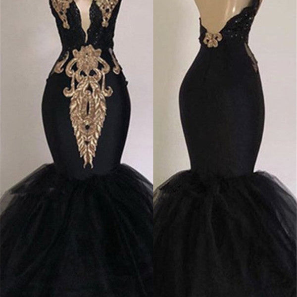 Chic Backless Prom Dresses with Gold Appliques Mermaid Halter Evening –  Ballbella