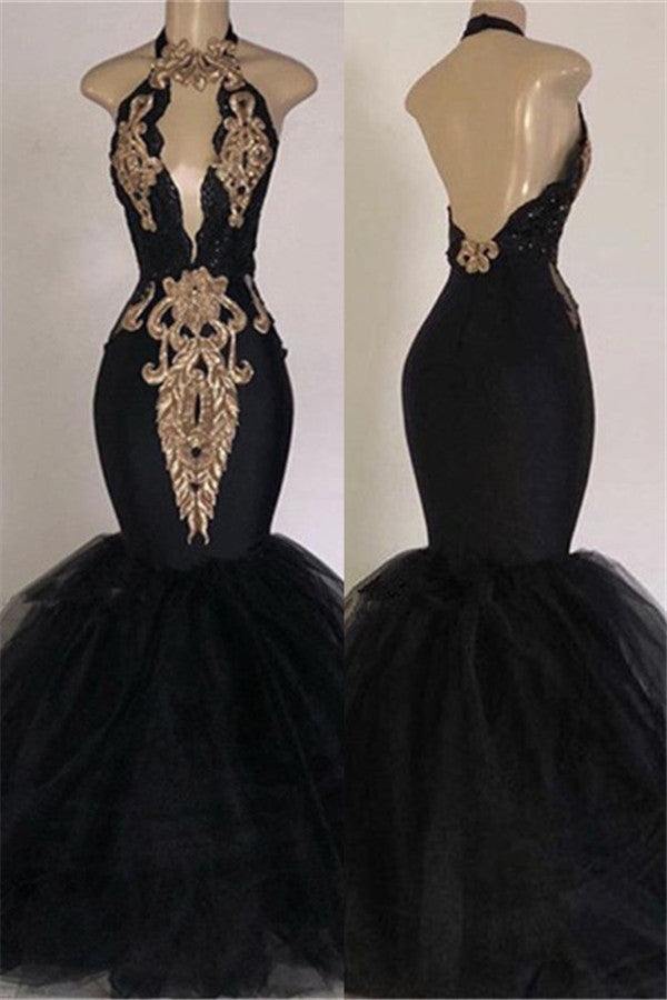 Ballbella offers Chic Backless Prom Dresses Cheap with Gold Appliques at low prices. Shop Mermaid Halter Evening Gowns with Keyhole for your prom day. All colors & all sizes available,  free delivery worldwide.