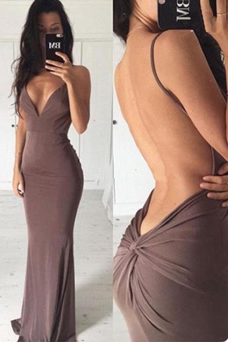 Chic Backless Sheath Long Evening Dress Spaghetti Strap Formal Dresses-Ballbella
