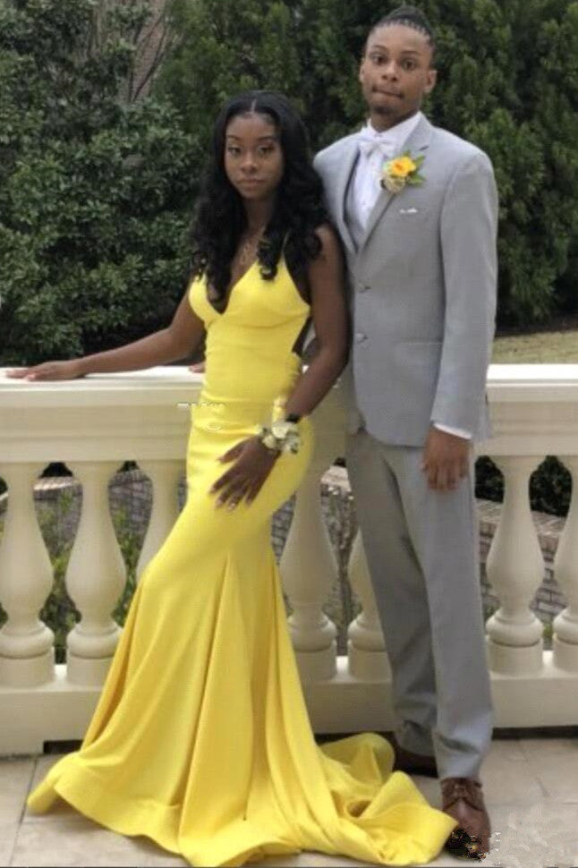 Ballbella offers Chic Backless V-neck daffodil Affordable Mermaid Prom Party Gowns on Sale at a cheap price from Satin to Mermaid Floor-length hem. Gorgeous yet affordable Sleeveless Prom Dresses.