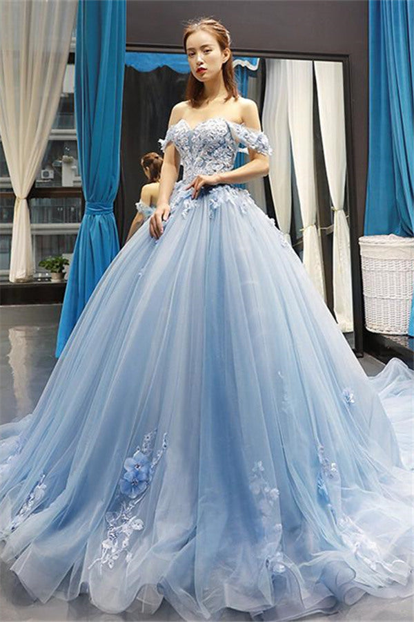 Chic Ball Gown Off-the-Shoulder Long Prom Party Gowns| Luxurious Sweetheart Lace Appliques Prom Gown-Ballbella
