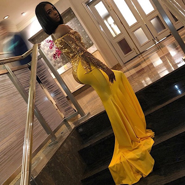 Chic Bandeau Applique Satin Off Shoulder Long Sleeves Mermaid Slim Prom Party Gown-Ballbella