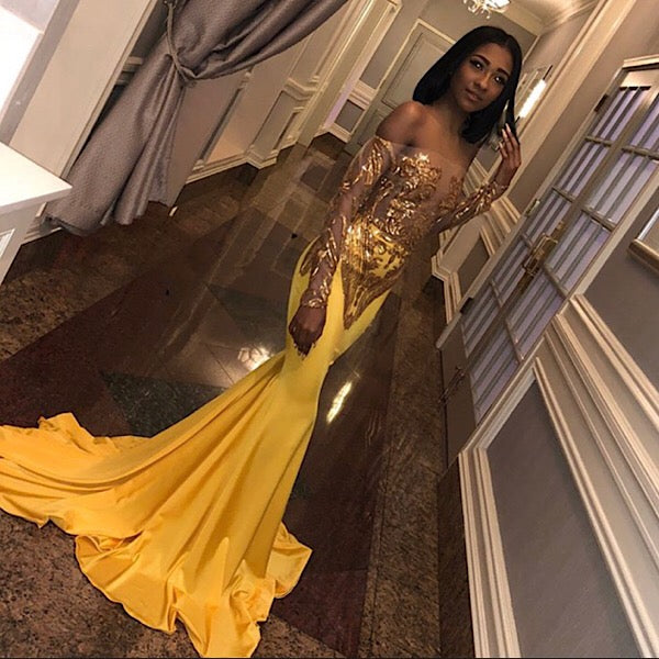 Chic Bandeau Applique Satin Off Shoulder Long Sleeves Mermaid Slim Prom Party Gown-Ballbella